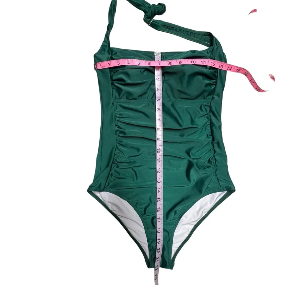 Smismivo Halter One Piece Swimsuit Green Ruched Tummy Control Retro Pinup Size M